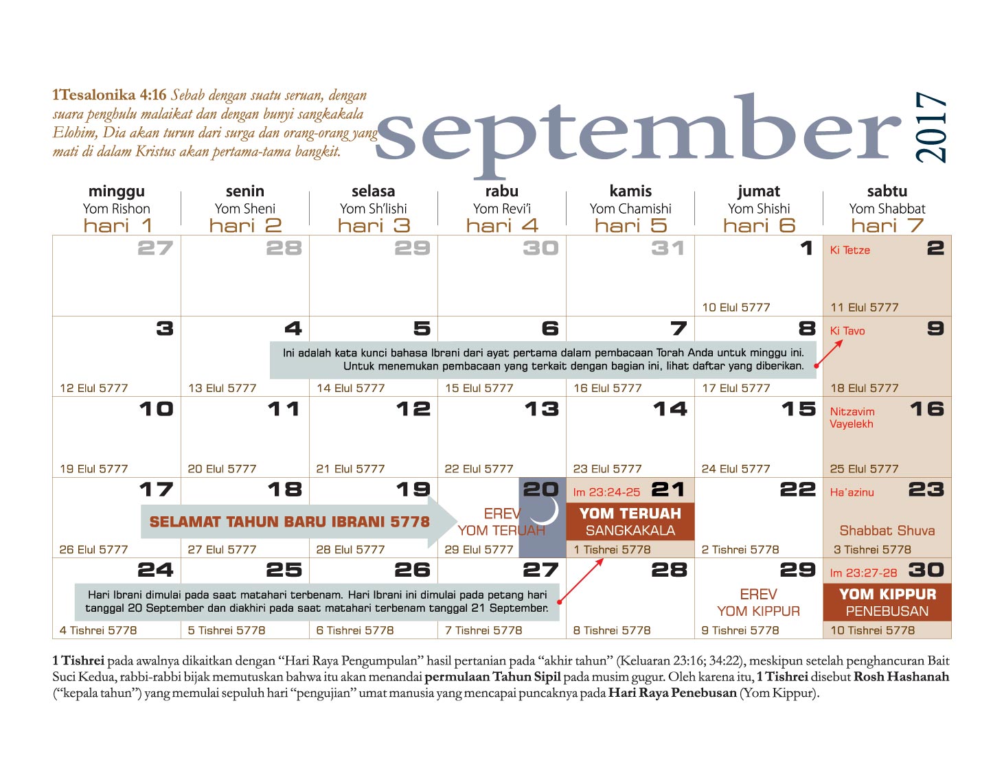 Kalender Alkitab Tahun Ibrani 5778 September 2017 September 2018